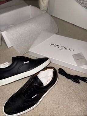 Jimmy Choo Black Leather Brogue-Trim Sneakers with White Sole